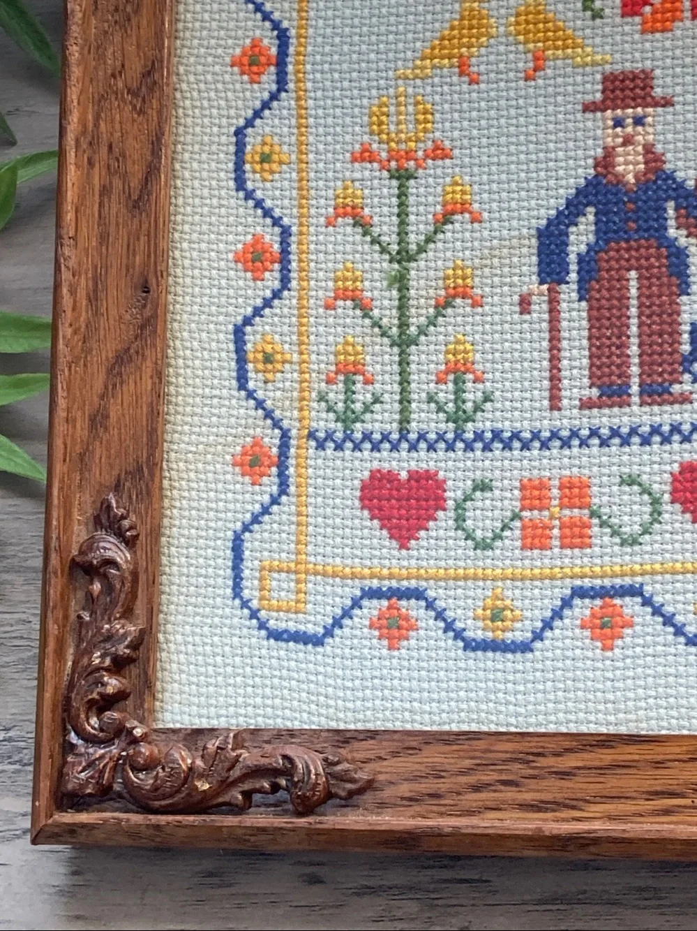 Vintage Framed Cross Stitch Sampler With Alphabet Flowers Birds And Couple